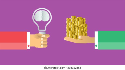 Exchange light bulb idea and gold money. business idea concept. vector. infographics. brain. purple background.