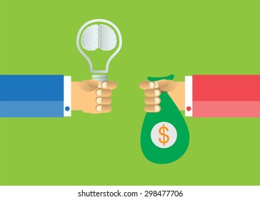 Exchange light bulb idea and gold money. business idea concept. vector. infographics. brain. green background.