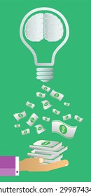 Exchange light bulb idea and gold money. business idea concept. vector. infographics. brain. green background.