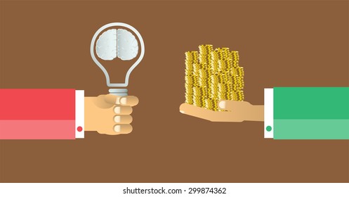 Exchange light bulb idea and gold money. business idea concept. vector. infographics. brain. brown background.