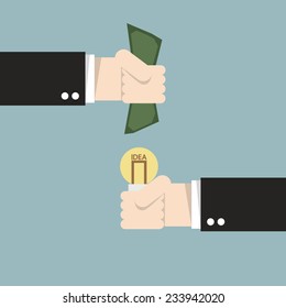 Exchange light bulb idea and money, flat design, vector 