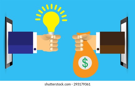 Exchange light bulb idea and money. business idea concept. vector. infographics. tablet computer pc.