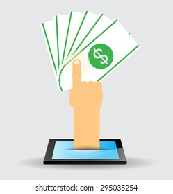 Exchange light bulb idea and money. business idea concept. vector. infographics. hand tablet pc