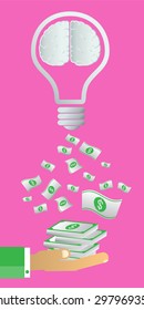 Exchange light bulb idea and money. business idea concept. vector. infographics. brain. pink background.