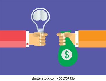 Exchange light bulb idea and money. business idea concept. vector. infographics. brain