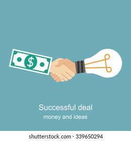 Exchange light bulb idea and money. Business deal, meeting, handshake. Vector illustration