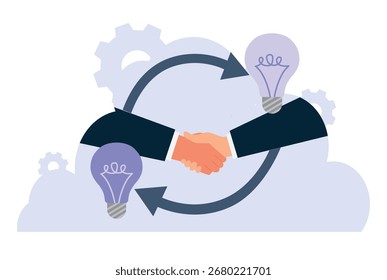 Intercambia ideas de bombillas. Dos hombres de negocios dándose la mano.