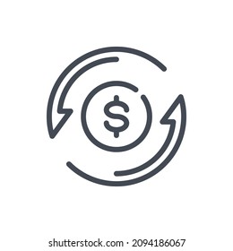 Exchange line icon. Dollar coin with rotating arrows vector outline sign.