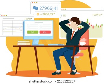 Exchange. Man trading in forex. Finance graphic windows with financial charts, diagrams and graphs. Trading at home. Man relaxed 