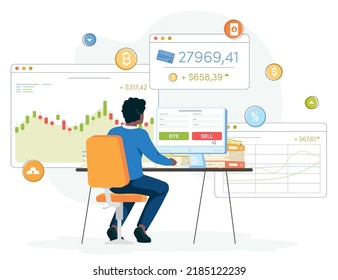 Exchange. Man trading in forex. Finance graphic windows with financial charts, diagrams and graphs. Trading at home. illustration with icoons 