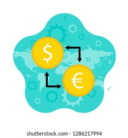 Exchange. Modern flat  concept for web design. Vector illustration with coins and world map. Money. Banking. Financial service