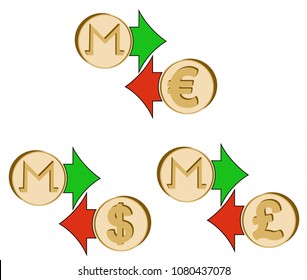 exchange monero to dollar , euro and british pound , coins of moneroand dollar, euro and british pound with green and red arrow , icon  and symbol , exchange crypto currency on a white background