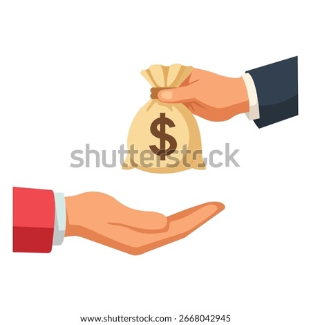 Exchange of a money bag between two hands in a financial transaction setting