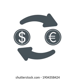 Exchange money concept. Cash flow icon. Recycle dolar and euro coin symbol. Money and arrows sign. Vector isolated on white