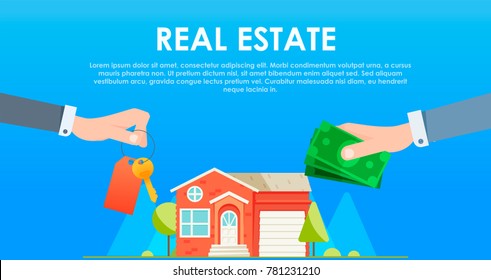Exchange Of Money For The Keys To The House. Sale And Rent Of Apartment. Hand With Cash Payment. Vector Flat Illustration