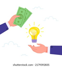 Exchange money for lightbulb. Hands changing cash on innovation idea, selling imagination online, hand in suit pay or buy energy conceptual bulb, financial loan vector illustration of cash for bulb