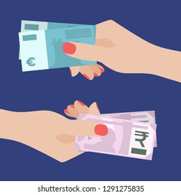 Exchange of Money. Women Hand Holding Euros and Another One Holding Rupees. Receiving money. Transfer of Cash from Hand to Hand.  Financial Giving Concept. Vector Illustration, Flat Style Design