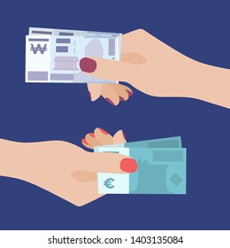Exchange of Money. Women Hand Holding Won and Another One Holding Euros Receiving money. Transfer of Cash from Hand to Hand. Financial Giving Concept. Vector Illustration, Flat Style Design