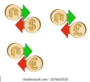exchange neo to dollar , euro and british pound , coins of neo and dollar, euro and british pound with green and red arrow , icon  and symbol , exchange crypto currency on a white background