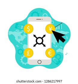Exchange online. Modern flat  concept for web design. Vector illustration with smartphone, coins and world map. Money. Banking app