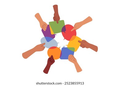 Exchange of opinions and discussion of important issues between people holding dialogue boxes in hands. Conversation bubbles as metaphor for exchange of opinions and collective feedback