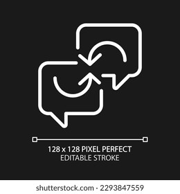 Exchange opinions pixel perfect white linear icon for dark theme. Connected chat bubbles with arrows. Thoughts sharing. Thin line illustration. Isolated symbol for night mode. Editable stroke