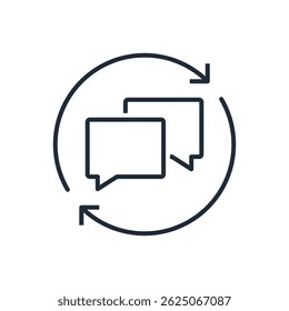 Troca de opiniões e opiniões. Setas de diálogo e de movimento. Ícone linear de vetor isolado no plano de fundo branco.