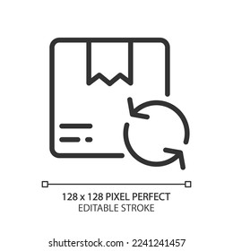 Icono lineal perfecto del píxel de paquete de Exchange. Servicio de entrega. Enviar, recibir. Cambio, orden de devolución. Ilustración de línea delgada. Símbolo de contorno. Dibujo del contorno del vector. Trazo editable. Tipo de letra arial utilizado