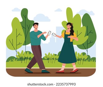 Exchange phone numbers. Man and woman on romantic date in park, communication and interaction. Walk on nature and outdoors, young couple. Poster or banner for website. Cartoon flat vector illustration