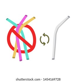 Exchange plastic straws on metal straw. Zero waste concept. Vector illustration on white background.