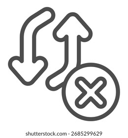 Ícone da linha de proibição de processamento do Exchange, conceito de reciclagem. Gráficos vetoriais. Setas com botão para fechar, sinal de item proibido no fundo branco, ícone de estilo de estrutura de tópicos para design móvel ou web