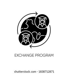 Exchange program black glyph icon. International students swap. Opportunity for studying in foreign university. Education abroad silhouette symbol on white space. Vector isolated illustration