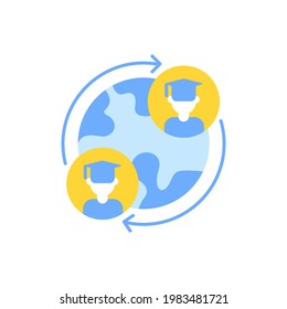Exchange program vector flat color icon. International students swap. Opportunity for studying in foreign university. Education abroad. Cartoon style clip art for mobile app. Isolated RGB illustration