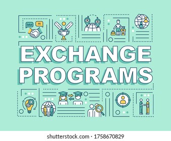 Exchange Programs Word Concepts Banner. Education In Foreign College. School Transfer. Infographics With Linear Icons On Mint Background. Isolated Typography. Vector Outline RGB Color Illustration