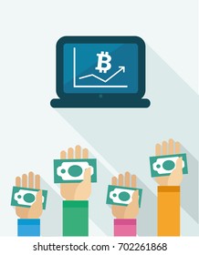 Exchange rate, bitcoin, crypto currency, purchase, stock exchange for bitcoin, miner. hand with money. 