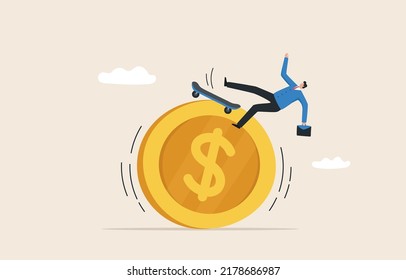 Exchange Rate Changes. Inflation, Interest Rates, Economic Crises. Government Monetary Policy Adjustment. Businessman Is Surfing Or Skateboard On Coins.