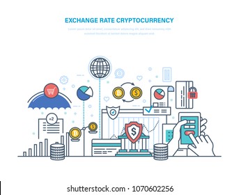 Exchange rate cryptocurrency. Financial operations with electronic money, turnover bitcoin, financial market. Cryptocurrency exchange rate, digital currency converter. Illustration thin line design.