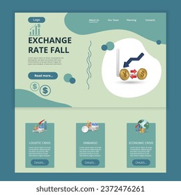 Exchange rate fall flat landing page website template. Logistic crisis, embargo, economic crisis. Web banner with header, content and footer. Vector illustration.
