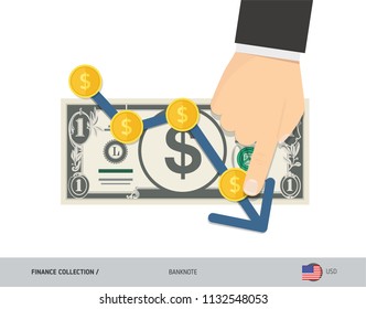 Exchange rate graph with 1 US Dollar Banknote and coins. Flat style vector illustration. Business concept.