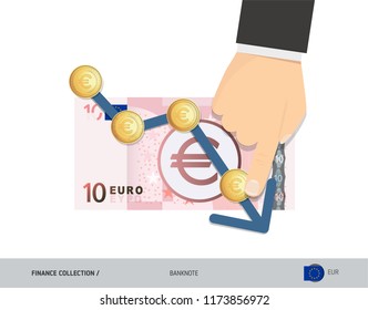 Exchange rate graph with 10 Euro Banknote and coins. Flat style vector illustration. Business concept.