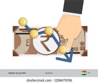 Exchange rate graph with 10 Indian Rupee Banknote and coins. Flat style vector illustration. Business concept.