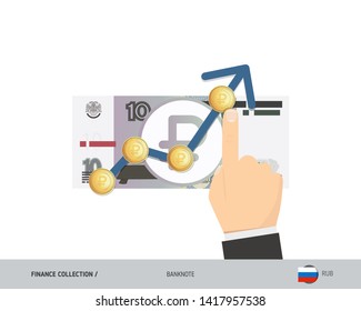 Exchange rate graph with 10 Russian Ruble Banknote and coins. Flat style vector illustration. Business concept.