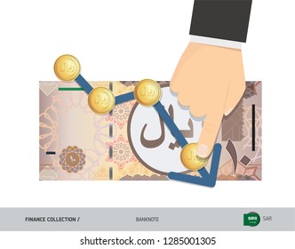 Exchange rate graph with 10 Saudi Arabia Riyal Banknote and coins. Flat style vector illustration. Business concept.