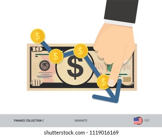 Exchange rate graph with 10 US Dollar Banknote and coins. Flat style vector illustration. Business concept.