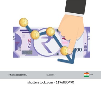 Exchange rate graph with 100 Indian Rupee Banknote and coins. Flat style vector illustration. Business concept.