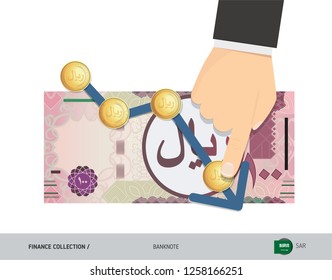 Exchange rate graph with 100 Saudi Arabia Riyal Banknote and coins. Flat style vector illustration. Business concept.