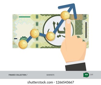 Exchange rate graph with 100 Saudi Arabia Riyal Banknote and coins. Flat style vector illustration. Business concept. 