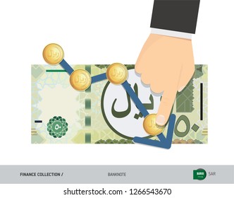 Exchange rate graph with 100 Saudi Arabia Riyal Banknote and coins. Flat style vector illustration. Business concept. 