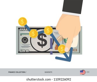 Exchange rate graph with 100 US Dollar Banknote and coins. Flat style vector illustration. Business concept. 
