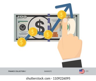 Exchange rate graph with 100 US Dollar Banknote and coins. Flat style vector illustration. Business concept. 